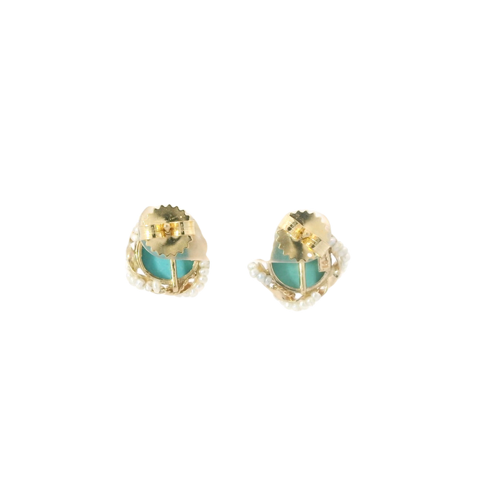 Estate 14K Yellow Gold Stud Earrings set with 2 Round Cabochon Turquoise, 8mm and 58 Pearls