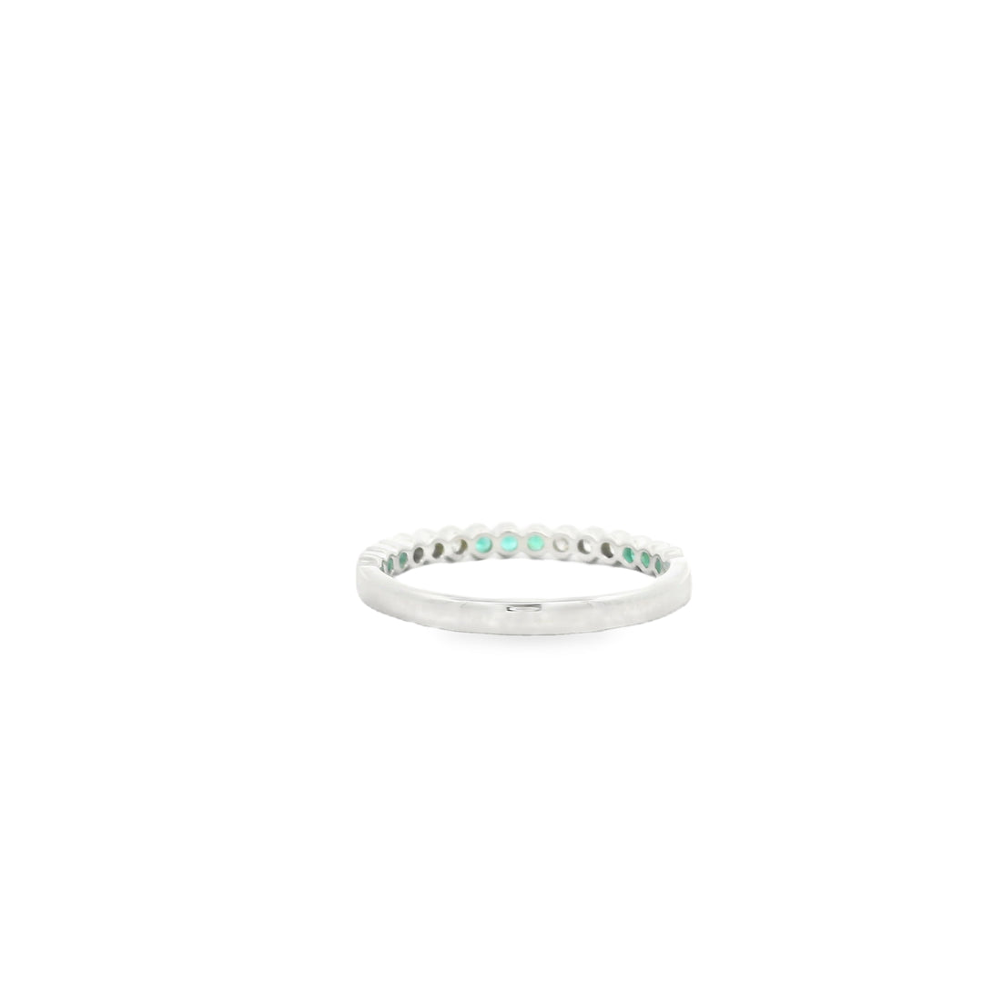 14K White Gold Band with 9 Round Emeralds, 0.13 ct and 6 Round Diamonds, 0.09 ctw