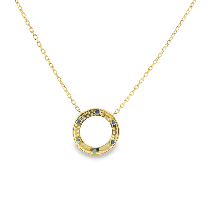 4KG Yellow Gold Alternating Circle Gemstone Pendant with 6 Round Sapphire(s) totaling 0.23 cts. and 42 round G/H diamonds totaling 0.15 ctw  on a 18 inch 14KG Yellow Cable chain