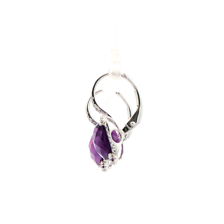 14K White Gold Dangle Earrings set with 2 Cushion cut Amethysts, ctw.