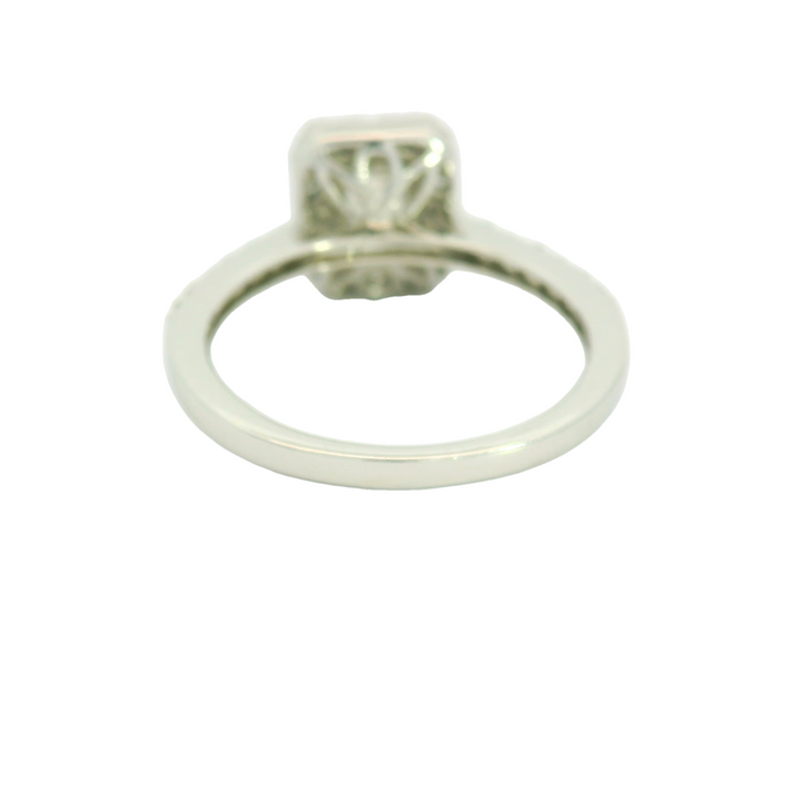 14K White Gold Halo Engagement Ring set with 1 1.00 ct Emerald Cut Diamond, F SI1, and 30 Round Diamonds, 0.43 ctw