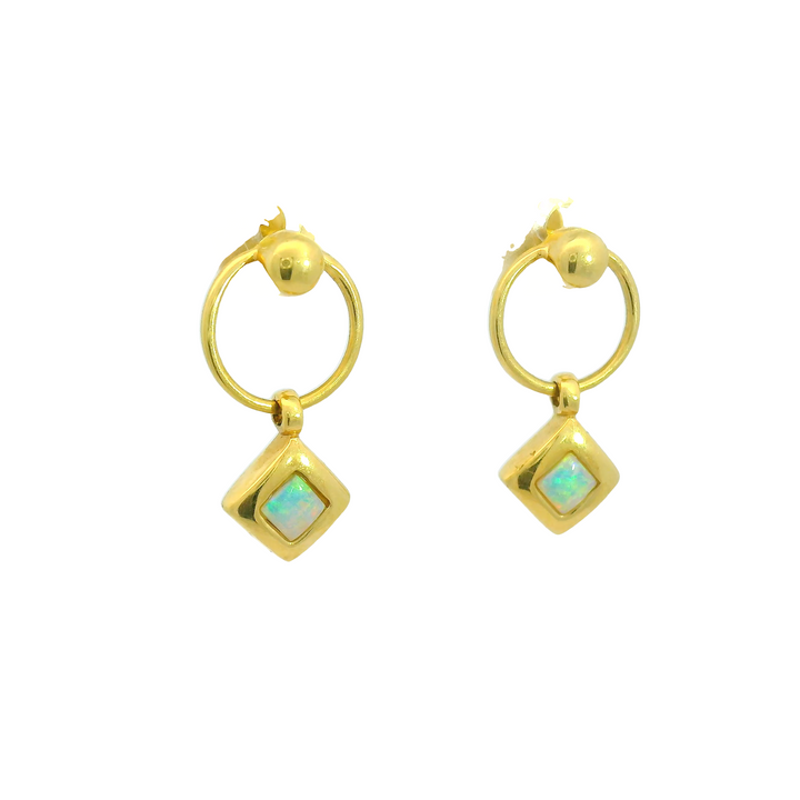 18K Yellow Gold 0.18Ct. Opal Bezel Drop Earrings