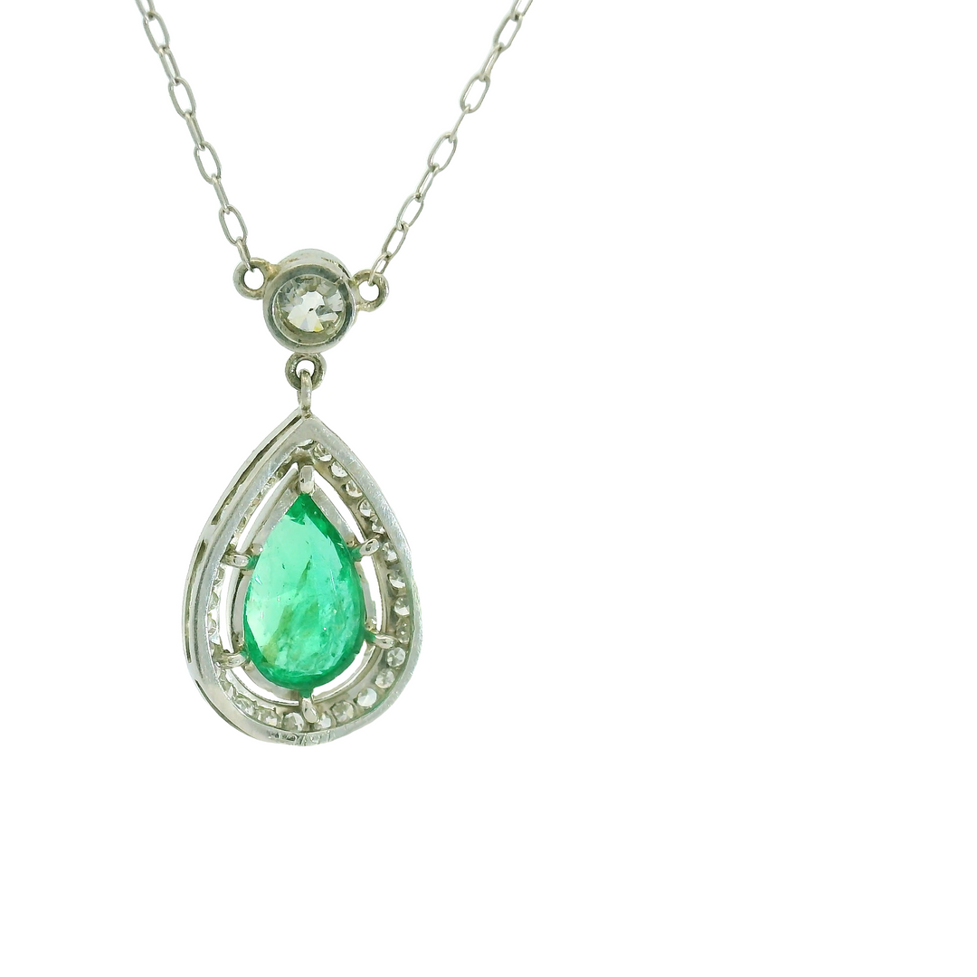 Platinum White Gold Estate Emerald Halo style Gemstone Pendant on a chain