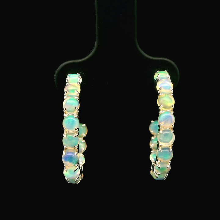 14KG White Gold Opal Hoop Earrings