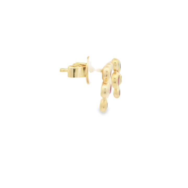 14K Yellow Gold Stud Earrings set with 6 Round Rubies, 0.48 ctw. and 4 Round G/H SI1 -SI2 Diamonds, 0.09 ctw.