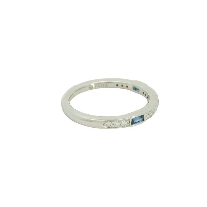 14K White Gold Band Gemstone Ring set with 3 Baguette Sapphires, 0.27 ctw, and 12 G/H SI Diamonds, 012 ctw.,  total stone weight measures 0.39 ctw.