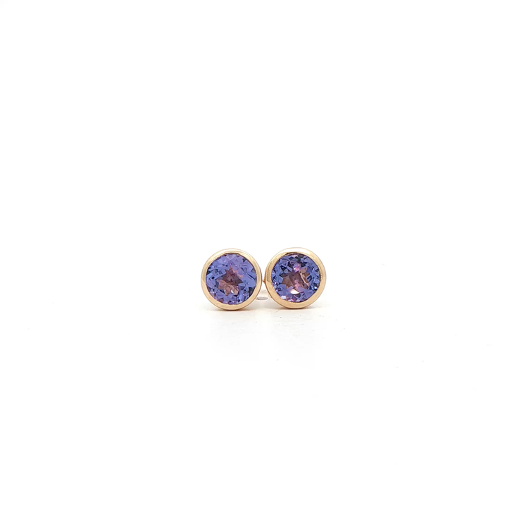 14K Yellow Gold Bezel Stud Earrings set with 2 Round Tanzanites, 1.20 ctw